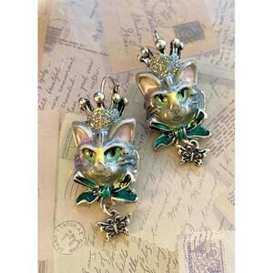 Alice in Wonderland Crowned Cat Earrings Blue Enamel Butterfly Dangle Studs